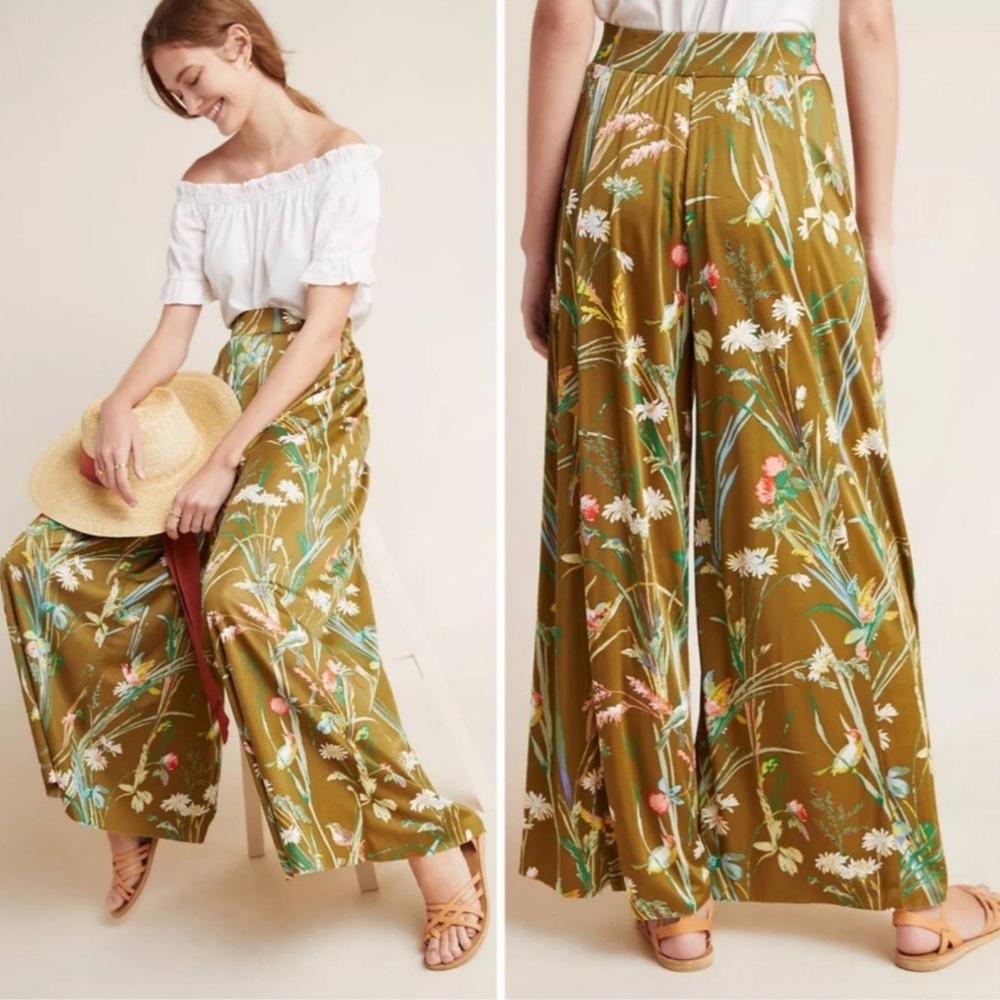 Maeve Anthro Floral Shiloh Knit Wide-Leg Pants L